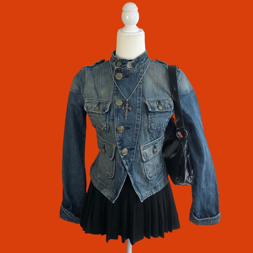 Vintage Y2K Polo Jeans Ralph Lauren Military Cargo Denim Jacket Womens M Tinted